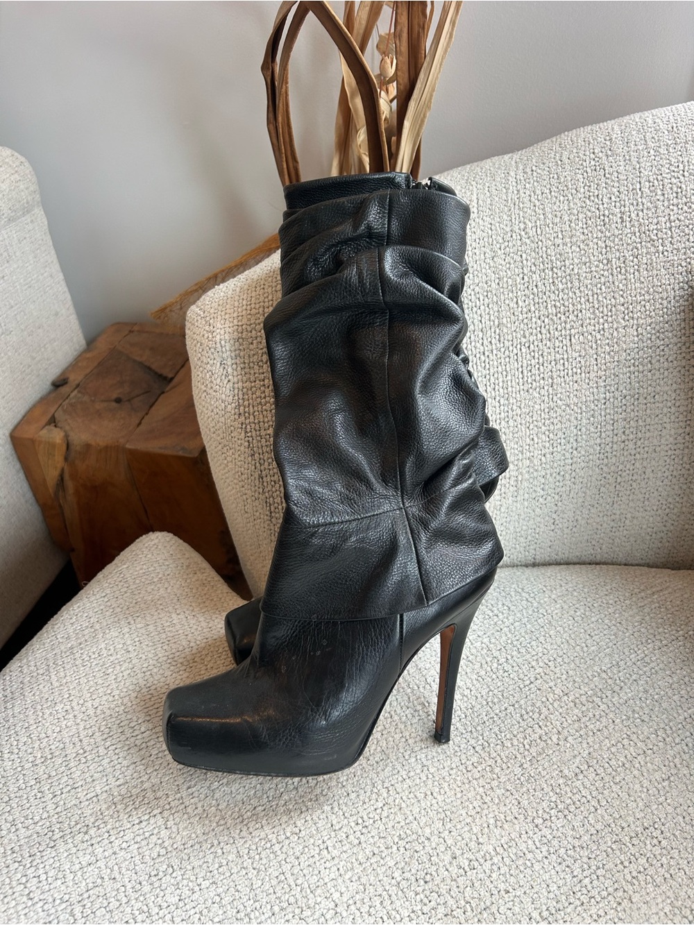 Aldo Black Leather Ruched Platform Stiletto Boots